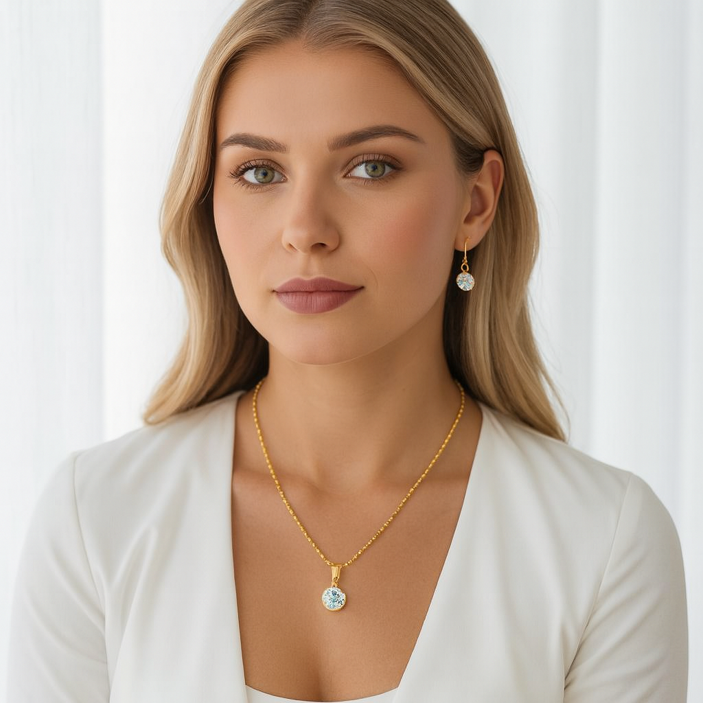 Conjunto Colar e Brincos Dourados com Pedra de Brilho Azul