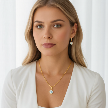 Conjunto Colar e Brincos Dourados com Pedra de Brilho Azul