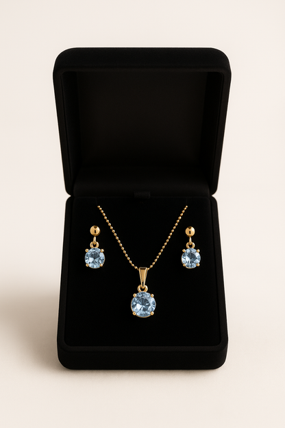 Conjunto Colar e Brincos Dourados com Pedra de Brilho Azul