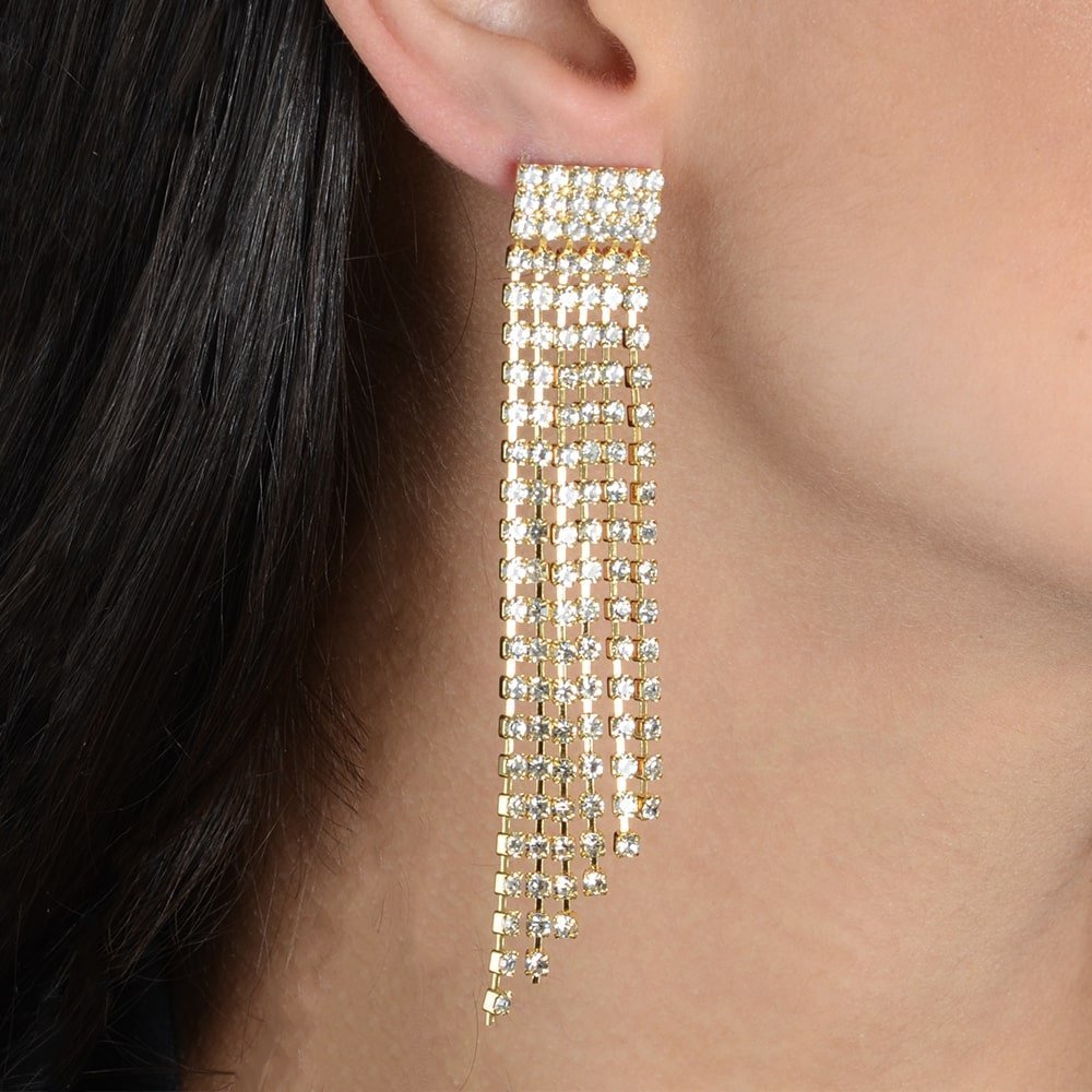 Brinco Dourado de Luxo com 123 Pedras de Strass - Galeria